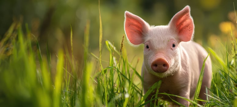 The adorable piglet exploring a lush green meadow in natural light. photo