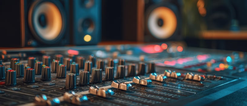 The audio mixing console in a professional music studio setting. photo
