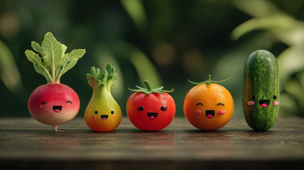 The cheerful gathering of happy, smiling vegetables on a rustic wooden table. photo