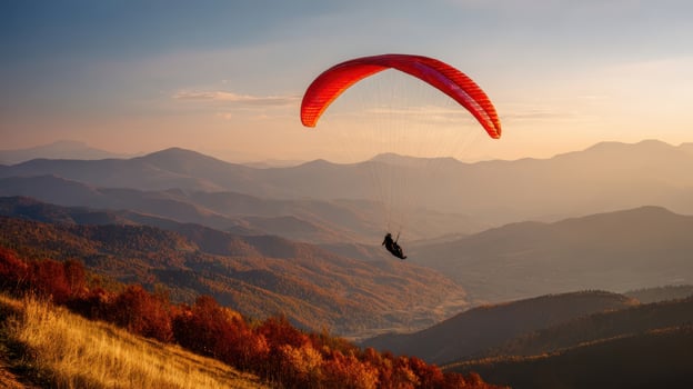 The paraglider soaring above colorful autumn mountains at sunset. photo