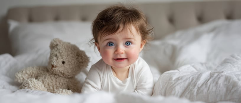 The adorable baby with big blue eyes and teddy bear in cozy bedding. photo