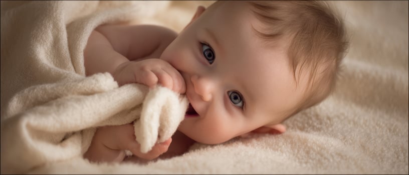The adorable baby with big blue eyes cuddling a soft blanket. photo
