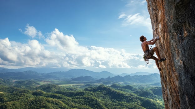 The climber conquering a steep rock face in a stunning mountainous landscape. photo