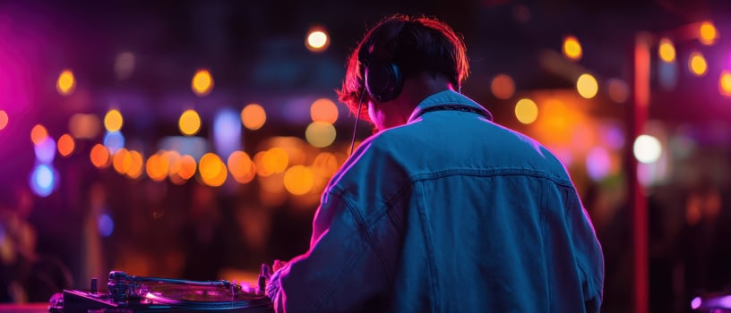 The DJ creates an electrifying atmosphere with captivating music and vibrant lights. photo