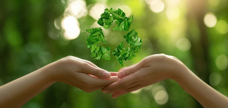The hands supporting a green recycling symbol in a vibrant natural setting. photo