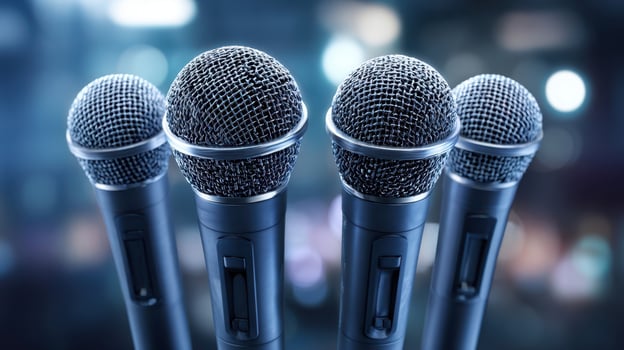 The collection of professional microphones ready for performance and recording events photo