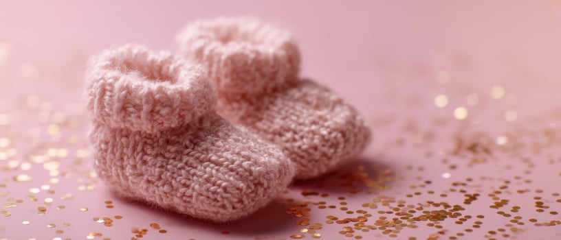 The adorable pink knitted baby booties on a sparkling background. photo