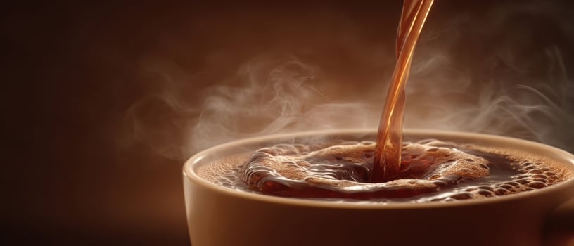 The steaming coffee pouring into a beautifully crafted ceramic cup. photo