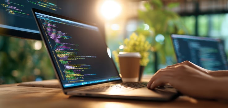 The modern workspace with a laptop and coding in a bright environment. photo