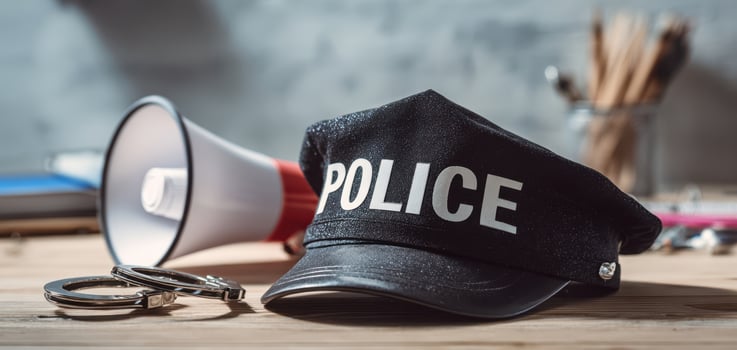 The police cap and equipment on a desk for law enforcement professionals photo