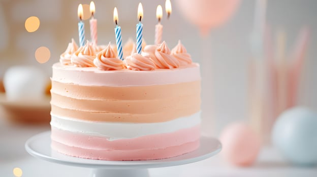 A delicate and festive pastel pink birthday cake decorated with lit candles creating a joyful and celebratory atmosphere photo