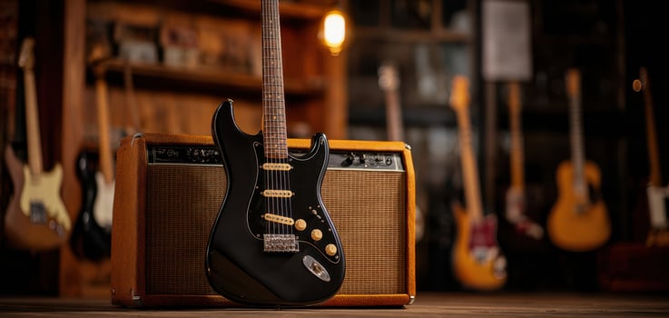 The black electric guitar and vintage amplifier on display in a music studio. photo