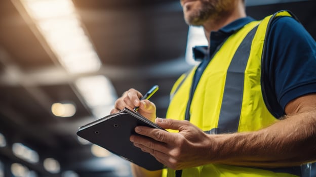 The worker in reflective vest taking notes on a clipboard in a warehouse. photo