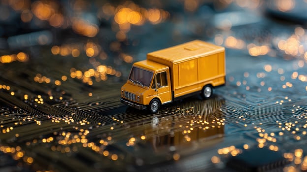 The orange truck navigating a digital landscape of circuit board patterns. photo