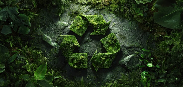The vibrant green recycle symbol surrounded by lush natural vegetation. photo