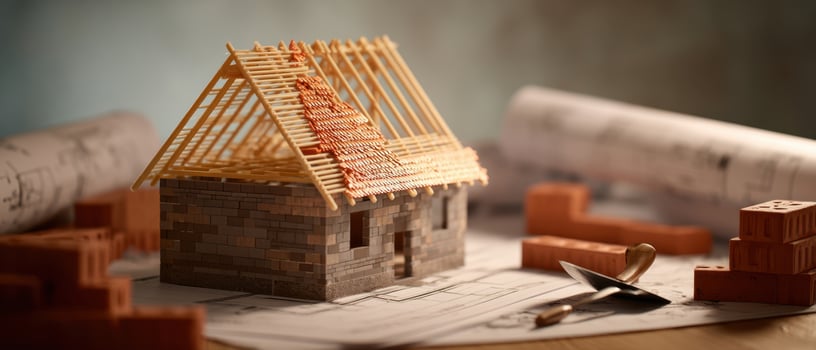 The intricate model of a house under construction with blueprints and tools. photo