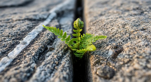 A fern growing out of a crack in a stone wall photo