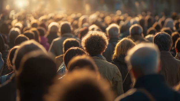 The vibrant crowd of people gathered in an urban setting basking in sunlight. photo