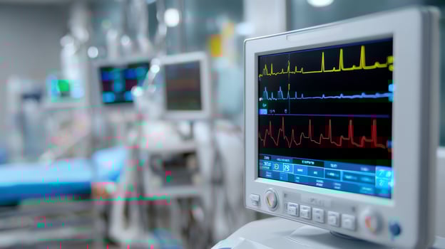 A focused view of a patient monitoring system displays vital signs in a modern hospital setting, conveying a sense of critical care and technological advancement within healthcare. photo