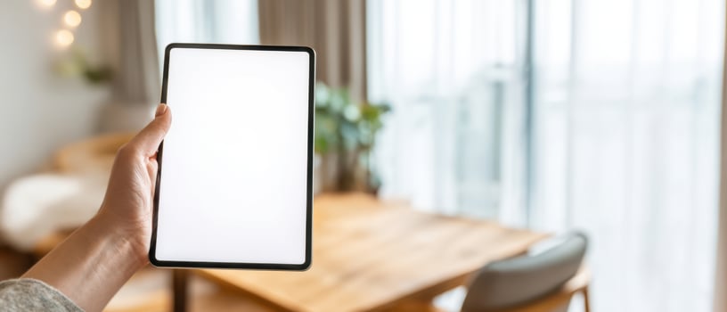 The tablet held in hand showcasing a blank screen in a modern home setting. photo