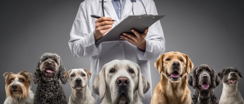The veterinarian assessing a group of cheerful dogs during a health consultation. photo