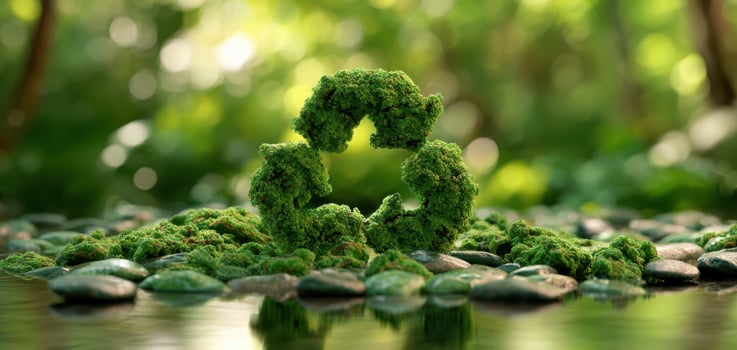 The moss-covered recycling symbol surrounded by nature's tranquility. photo