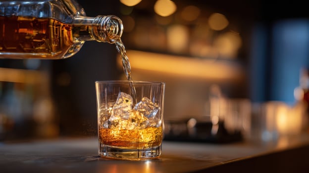 The glass being filled with whiskey and ice in an upscale bar setting. photo
