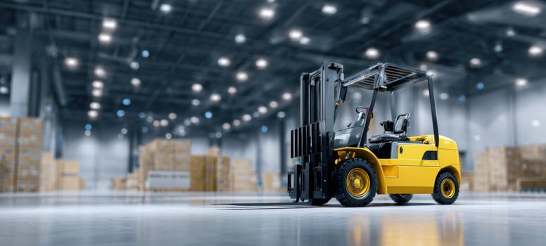 The yellow forklift in a spacious warehouse environment filled with boxes photo