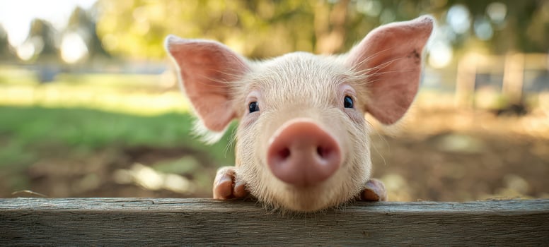The adorable piglet peeking over a fence on a sunny farm day. photo