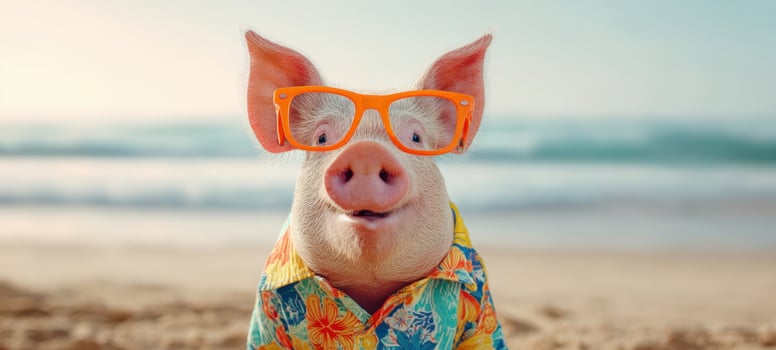The pig wearing sunglasses in a tropical beach setting enjoying summer vibes. photo