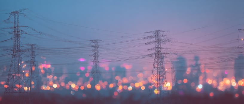 The power lines silhouetted against a colorful urban skyline at dusk. photo