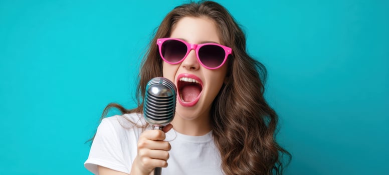 The confident woman singing passionately into a vintage microphone. photo