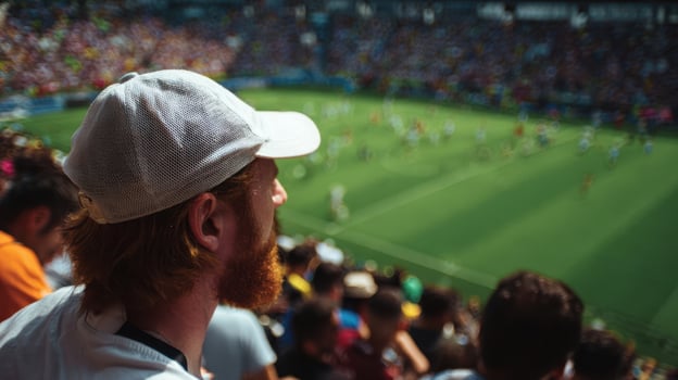The passionate fan enjoying a thrilling soccer match in a crowded stadium photo