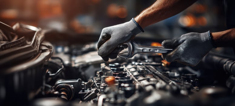 The mechanic utilizing a wrench for precision engine repairs in a workshop environment. photo