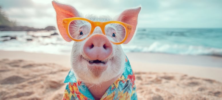 The adorable pig wearing glasses enjoying a sunny day at the beach. photo