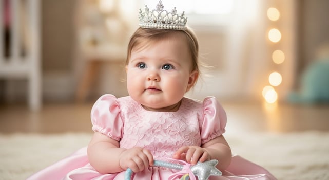 A baby girl in a pink dress with a tiara photo