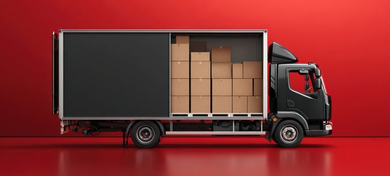 The Modern Delivery Truck Loaded with Boxes against a Vibrant Red Background photo