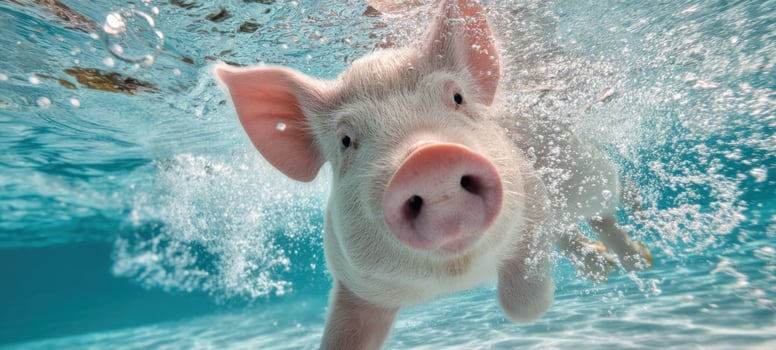 The curious pig swimming joyfully in a sparkling blue pool. photo