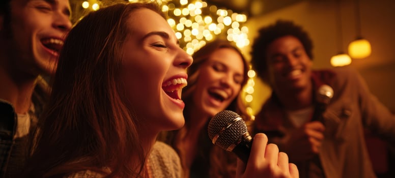 The joyful moment of friends singing together at a lively karaoke night. photo