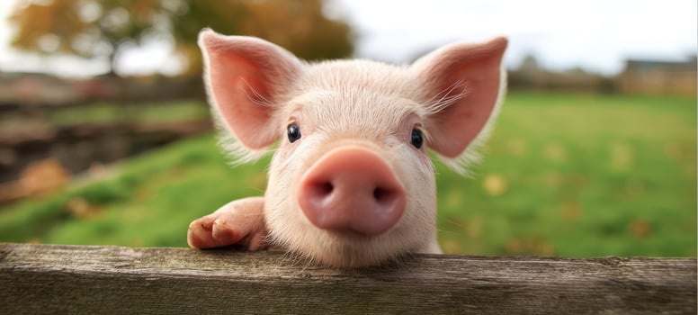 The adorable pig peeking over a wooden fence in a lush green pasture photo