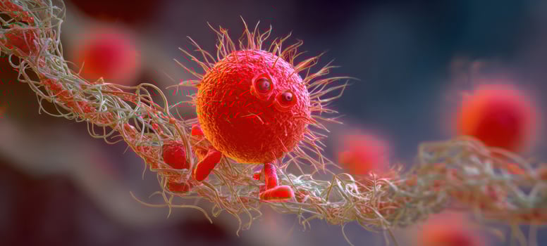 The vibrant red virus poses on a network of microscopic fibers. photo