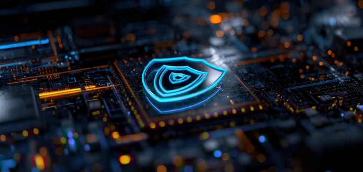 The glowing shield symbolizes cybersecurity on a digital circuit board. photo