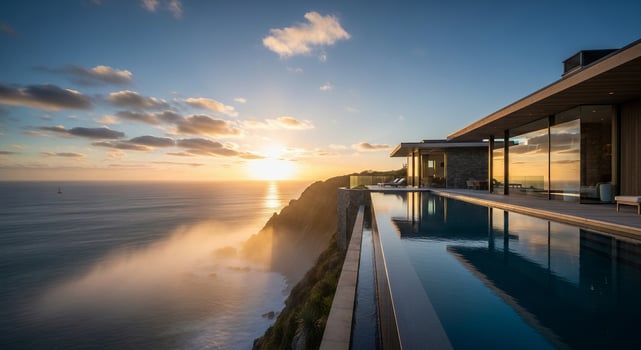 The infinity pool at the top of a cliff overlooking the ocean photo