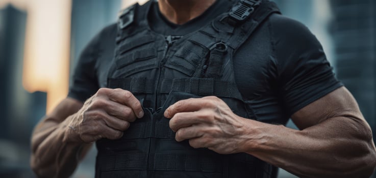 The Strong Man Adjusts His Tactical Vest in an Urban Environment photo