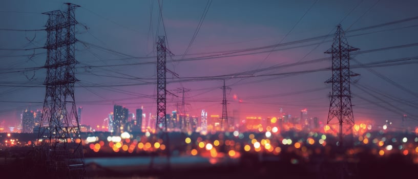 The striking contrast of power lines against a vibrant city skyline at night. photo
