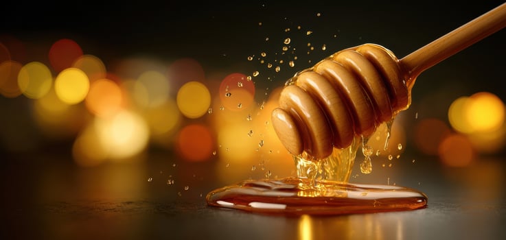 The Golden Honey Dripping from a Wooden Dipper in a Warm Glow photo