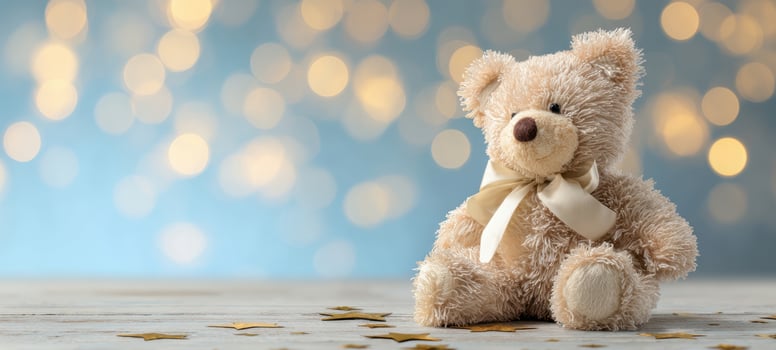 The adorable teddy bear surrounded by soft, glowing bokeh lights. photo