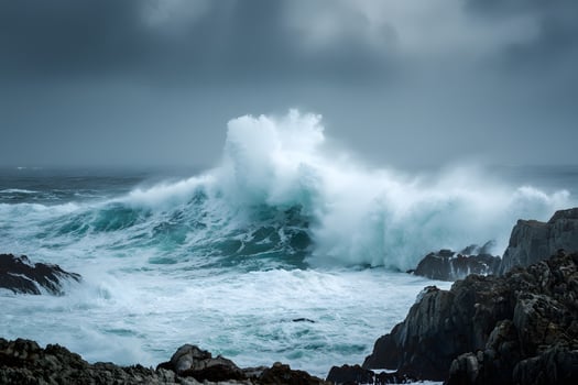 Hurricane waves violently crashing against a rugged coastline, showcasing the raw power of nature and the dramatic interplay between sea and land. photo