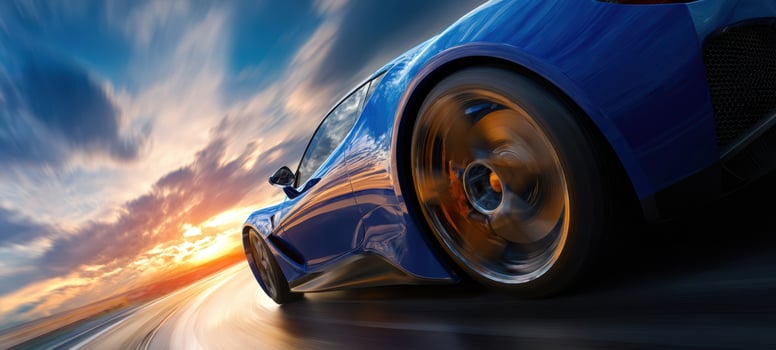 The blue sportscar racing through a dynamic sunset landscape with vibrant colors. photo