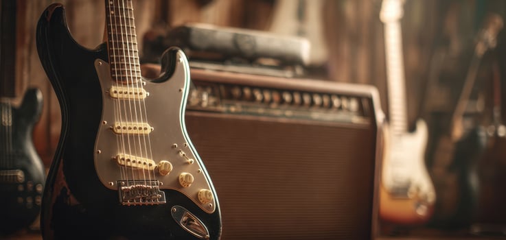 The vintage electric guitar with amplifier in a cozy music studio. photo